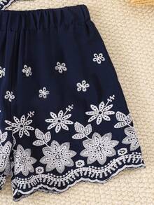 Elladie kids 2件組 青少年女孩花卉刺繡無袖背心短褲套裝 休閒春夏穿搭 - 藏蓝色 - 查看 6