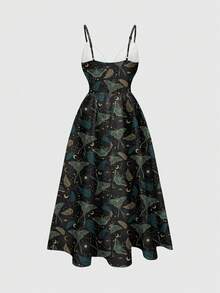 ROMWE Fairycore Dark Butterfly Moth Romantic Mori Style Spaghetti Strap Low Cut Sexy Women's Dress - Black - View 2