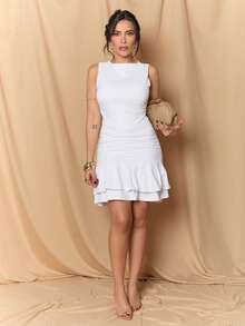 Dania Mndz Shop Elegant White Sleeveless Slim Fit Mini Double Layer Ruched Women Dress,Summer Graduation Cocktail Party,Wedding Guest Date Night Evening - White - View 1