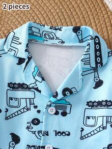 SHEIN 2件組 秋冬男嬰針織布料柔軟小車印花四季穿著套裝 - 彩色 - 查看 3