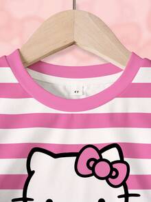 HELLO KITTY AND FRIENDS | SHEIN 女童条纹圆领短袖T恤和短裤休闲套装 - 白色 - 查看 3