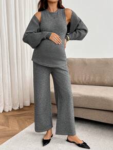 SHEIN Maternity Solid Color Round Neck Top And Long Pants Casual Dressy Daily Knit Set Autumn Formal Home Wear Grey - Grey - View 4