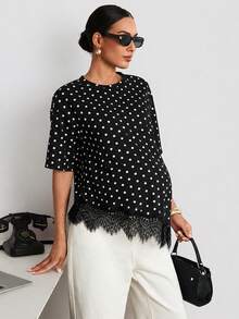 MaterniWear Maternity Polka Dot Print Lace Patchwork Asymmetrical Hem T-Shirt - Black - View 4