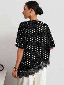 MaterniWear Maternity Polka Dot Print Lace Patchwork Asymmetrical Hem T-Shirt - Black - View 7