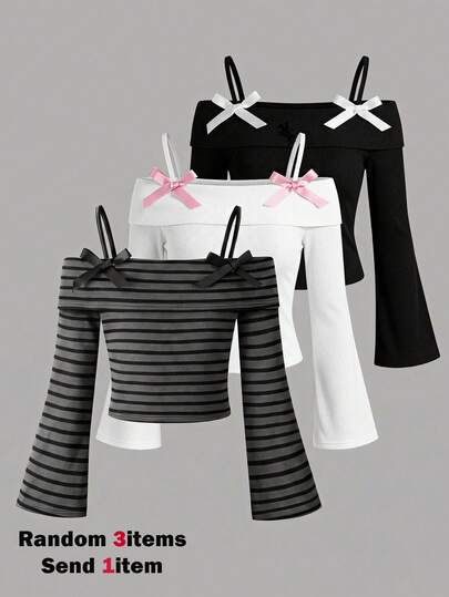 SHEIN Atasan Lengan Panjang Model Flare dengan Tali Pita dan Garis-garis untuk Remaja Perempuan, Pakaian Sehari-hari Gaya Jalanan
