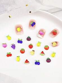 100/200/500Pcs Flatback Fruit Nail Charms – Mini Strawberry Cherry Apple Watermelon Resin Gems, Cute Cartoon Nail Decor For DIY Craft - Multicolor - View 11