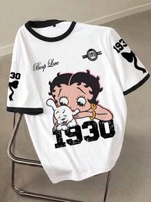 Betty Boop x SHEIN بلوزة كاجوال قصيرة الأكمام بطبعات حرفية وكرتونية بياقة دائرية مقاس كبير للصيف - أبيض - مشاهدة 1