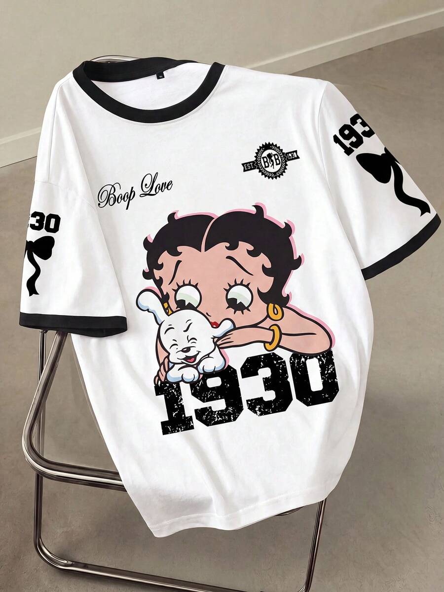 Betty Boop x SHEIN بلوزة كاجوال قصيرة الأكمام بطبعات حرفية وكرتونية بياقة دائرية مقاس كبير للصيف - أبيض - مشاهدة 1