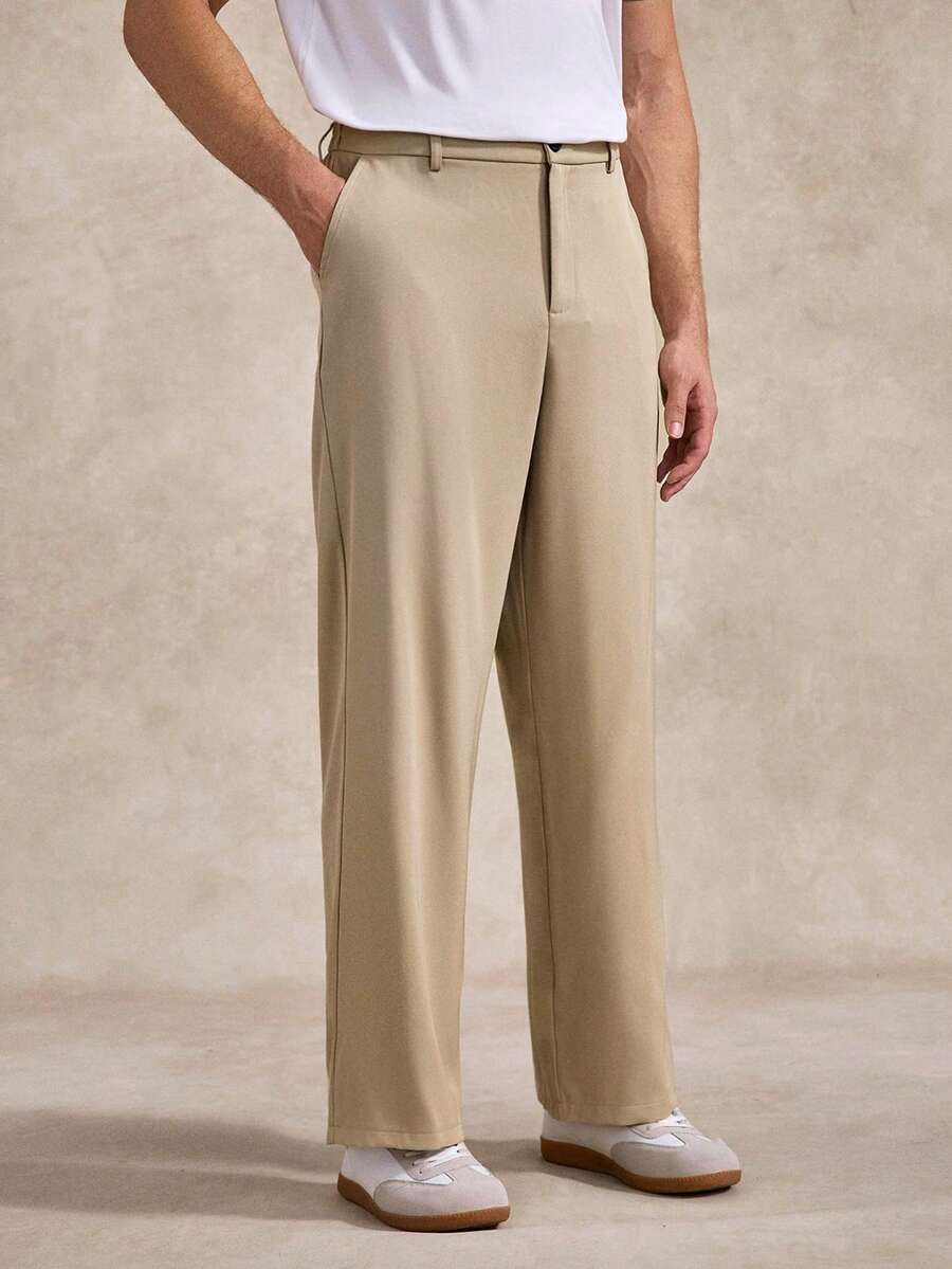 Courvante Celana Jas Kantor Bisnis Kasual Pria Warna Polos dengan Kancing Saku, Cocok untuk Golf, Tenis, Perjalanan, dan Musim Gugur - Khaki - View 1