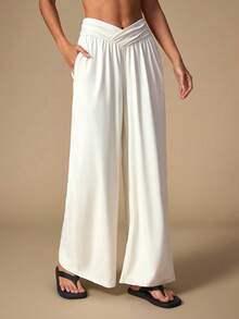 SHEIN Unity Women's Casual Versatile Loose Comfortable Solid Color Wide Leg Pants - Beige - View 3