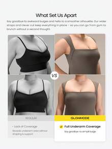 GLOWMODE FeatherFit™ Camiseta básica de tirantes de cuello cuadrado, longitud hasta la cadera, con copas desmontables, para yoga, pilates y uso diario de bajo impacto - Marrón - Ver 3