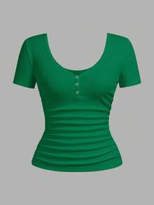 Slaydiva Plus Size Women Solid Color Ruched Fitted Versatile Daily Casual Short Sleeve T-Shirt - Green - View 3