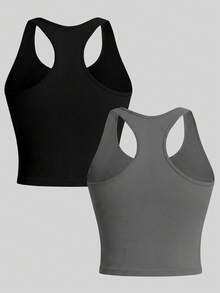 Solea Cove Camiseta sin mangas de color liso acanalada para fitness y deportes diarios para mujer - Multicolor - Ver 2