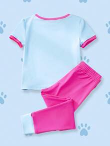 SHEIN | PAW Patrol 2件套主题圆领短袖上衣和裤子睡衣套装，适合年轻女孩 - 藍白色 - 查看 2