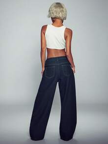 Normani Women's Fashion Studded Button Pocket Loose Fit Denim Jeans Fall Teacher Nightout Pants Navy Blue Y2k Casual - Dark Wash - View 7