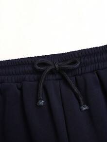 SHEIN 青少年女孩純色上衣與抽繩腰長褲休閒日常穿搭套裝 - 藏蓝色 - 查看 5