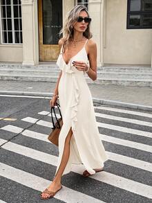 Serisse Vestido midi elegante de mujer con tirantes finos, color liso y patchwork con volantes - Beis - Ver 3
