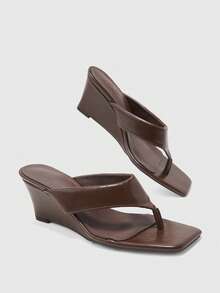CUCCOO BIZCHIC Spring And Summer Brown Mezzanine Herringbone Strap Square Toe Slope Heel High Heel Minimalist Black Slippers Travel Commuter Dating - Brown - View 3