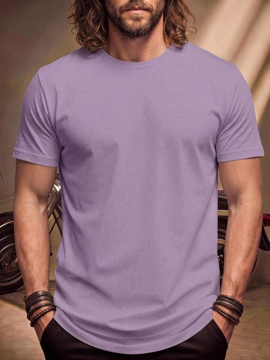 Fenqiro Men's Solid Color Crew Neck Short Sleeve T-Shirt - Purple - View 1