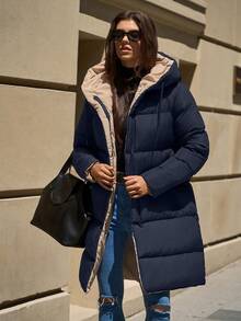 EURMUSE 2-Tone Hooded Zip-Up Pockets Mid-Length Padded Coat - Navy Blue - View 2