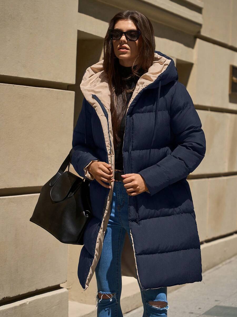 EURMUSE 2-Tone Hooded Zip-Up Pockets Mid-Length Padded Coat