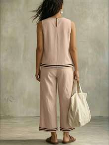 Linhara CURVE Plus Size Women's Casual Tank Top & Capri Pants Contrast Color Set - Khaki - View 2