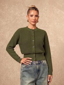 Lumalex Olive Green Rib Knit Cardigan With Round Neck Button Front Drop Shoulders And Floral Sleeve Patch - Green - View 7