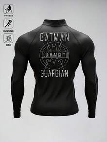BATMAN X SHEIN Gym Rark 男士印花拉鍊半開襟長袖運動夾克 - 黑色 - 查看 2