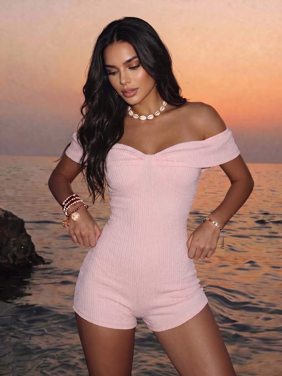 SHEIN Women's Regular One-Shoulder Fitted Knitted Jacquard Shorts Jumpsuit, Cross Neckline Ruffle Collar, Slim Fit Waist, Tropical Romantic Baby Pink Summer - Pink - View 1