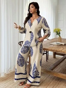Plus Size Beige Blue Paisley Print V-Neck Top & Matching Pants Set, Bohemian Vacation Outfit Fall/Winter - Multicolor - View 5