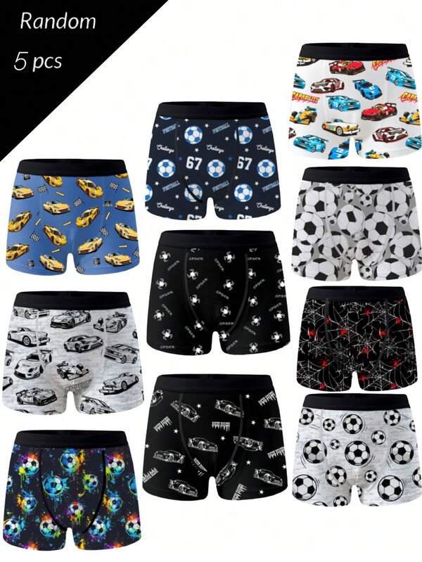 Random 5 Packs Teen Boys Boxer Briefs With Assorted Pixel Football And Car Prints, Skin-Friendly,