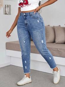 SHEIN ICON 大尺碼休閒水洗破洞牛仔褲 秋季女款牛仔女孩風穿搭 藍色牛仔褲 - 藍色 - 查看 6