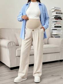 SHEIN Maternity Black Adjustable Waist Casual Soft Form Simple Daily Wear Delivery Long Pants Going Out Work Homewear Gender Reveal Autumn Teachers' Day - Khaki - View 2