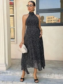 MaterniWear 優雅黑白波點孕婦洋裝，夏季掛脖式孕婦裙，不對稱下擺飄逸繫帶拍照穿搭，老錢風造型 - 黑色 - 查看 6