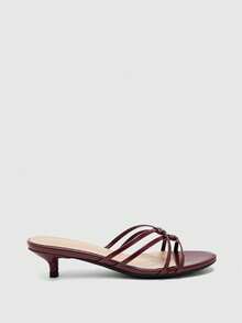CUCCOO BIZCHIC Women's Burgundy Thin Strap Woven Kitten Heel Sandals, Round Toe Open Toe Knot Geometric Pattern Low Heel, Summer Casual Commute Versatile - Burgundy - View 5