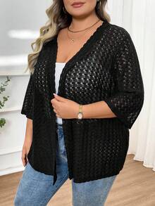 SHEIN CURVE+ Plus Size Hollow Knit Jacquard Cardigan, Suitable For Spring/Summer, Plus Size Body, Autumn/Winter Bohemian Casual Vacation Style Business Black - Black - View 4