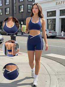 Gameset SHEIN Sport Seamless Sports Halter Neck Bra With Criss-Cross Waist Contrast Color Shorts - Navy Blue - View 4