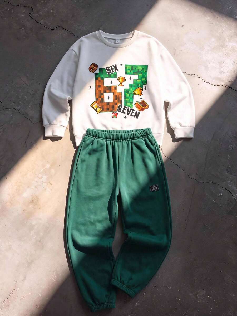 SHEIN 2pcs Kids Tween Boy New White Sweatshirt Set, Y2K, Mini World, Number 67, Suitable For Fall/Winter, School, Family Gathering, Back To School, Sports, FallOutfit, WinterOutfit
