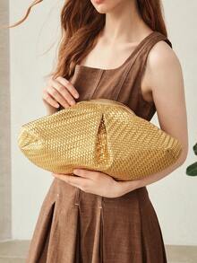 MOTF WOMEN'S FASHION PLEATED CLUTCH BAG, EXQUISITE SIMPLE GOLD WOVEN PU BAG, FOR DAILY, DATING, VACATION, SHOPPING, COMMUTING - Gold - View 5