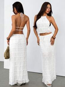 SHEIN PETITE Women's Solid Color Pleated Halter Neck Tank Top And Skirt Fashion 2-Piece Set - White - View 6