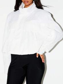 KIZN Oversized Shoulder Pad Windbreaker Jacket Stand Collar Cropped Hem Lightweight Outerwear Fall Spring - White - View 5