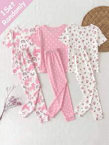 SHEIN Playful Pals 【随机3套，发1套】女童睡衣，春夏新品，可爱畅销经典元素，包括独角兽、彩虹、波点印花，紧身弹力针织面料，短袖上衣+裤子睡衣套装（随机发货） - 粉色 - 查看 2