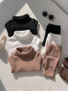 SHEIN 3pcs Newborn Baby Boy Fall And Winter Clothes Outfits Thermal Lined Thick Solid Color Comfortable High Neck Long Sleeve Pullover Top Multi-Piece Set - Multicolor - View 7