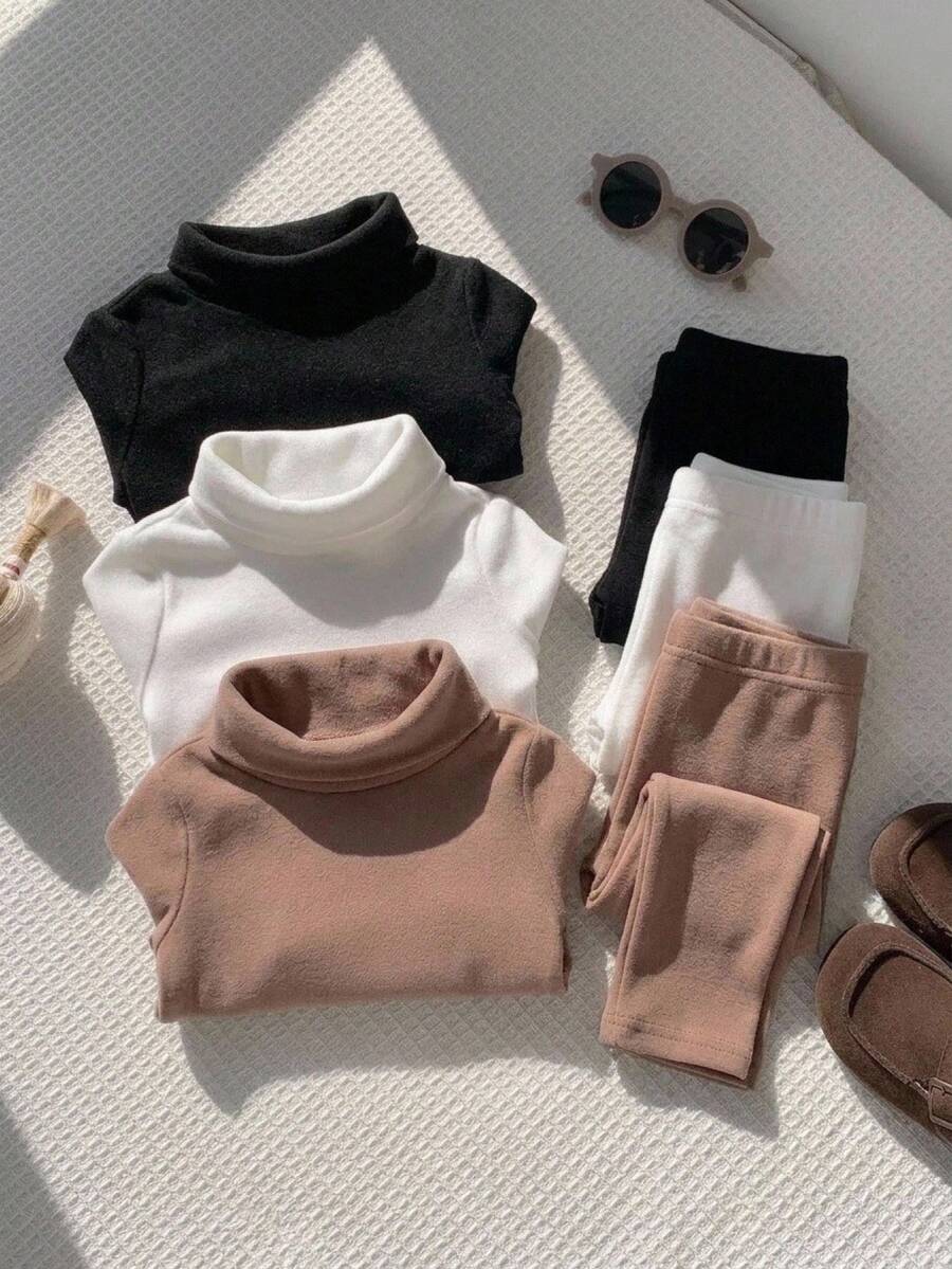 SHEIN 3件組新生兒男嬰秋冬服飾套裝，保暖內裡加厚純色舒適高領長袖套頭上衣多件套