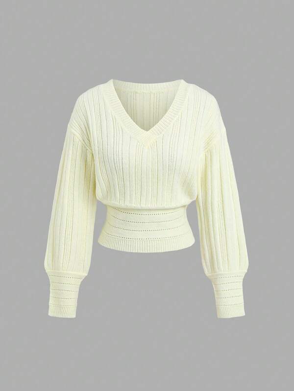 Sweetra Women's Solid Color V-Neck Dropped Shoulder Long Sleeve Cinched Waist Sweater