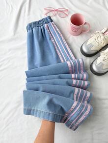 Comfortcana 女款彈性腰拼接色休閒街頭風百搭日常牛仔長褲 夏季開學牛仔褲 - 中等水洗藍 - 查看 3