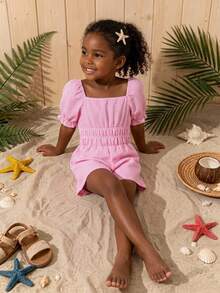 Genkimix Kids Girls' Simple Pink & White Striped Square Neck Petal Sleeve Romper Shorts, Summer Casual Wear - Baby Pink - View 5