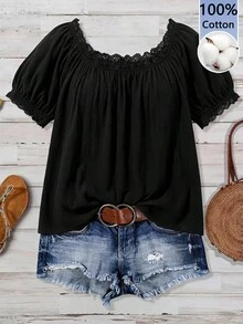 Mellowie Blusa de talla grande con manga corta y patchwork de encaje en unicolor - Negro - Ver 1