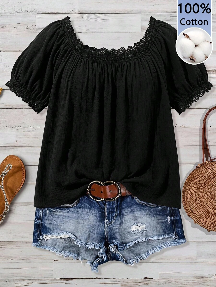 Mellowie Blusa de talla grande con manga corta y patchwork de encaje en unicolor - Negro - Ver 1