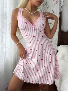 CottageSlumber Women's Lace Patchwork Backless Heart Print Knit Jacquard Nightgown - Pink - View 5